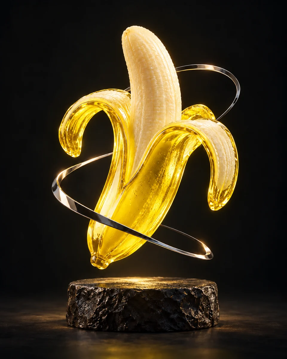 A luminous golden glass banana sculpture floating above a dark stone pedestal